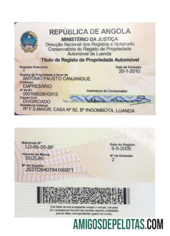 Cartão de Registo de Veículos de Angola Versão 2 amostra